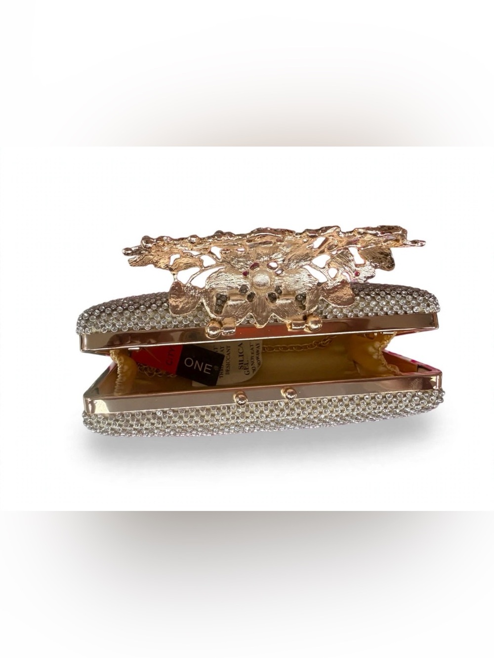 Gold Rhinestone Evening Clutch | Crystal Floral Leaf Clasp | Bridal Wedding Part - Picture 5 of 6